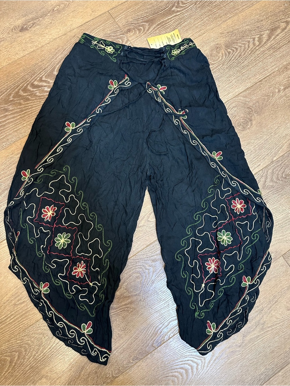 Black Embroidered Harem Wrap Pants with Floral Detail & corset tie front